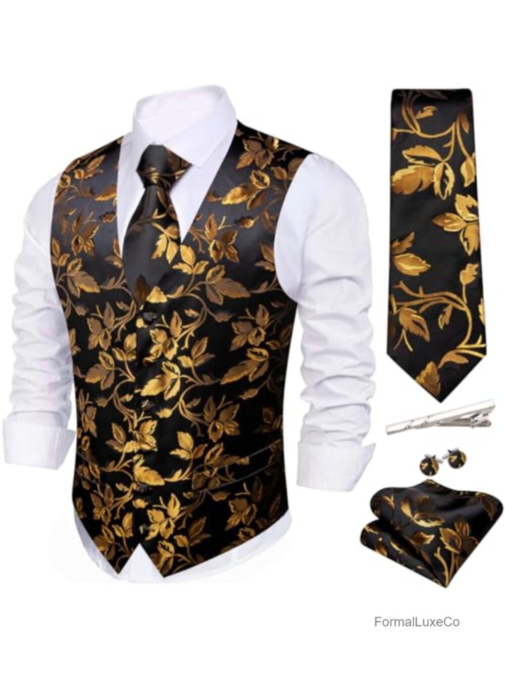 Mens Floral Jacquard Formal Vest Set with Tie Pocket Square Cufflinks